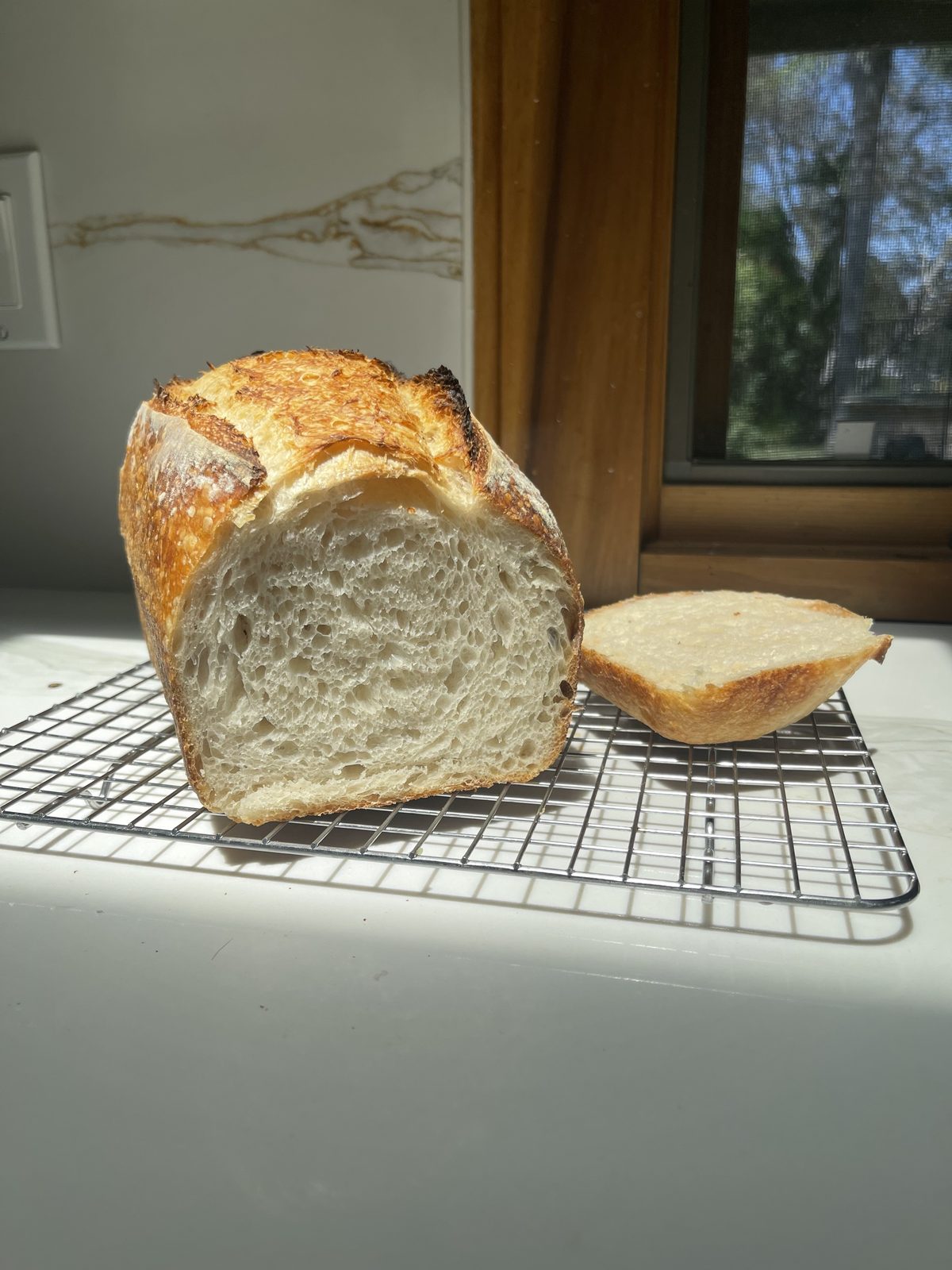 Sliced sourdough showing an open, airy crumb